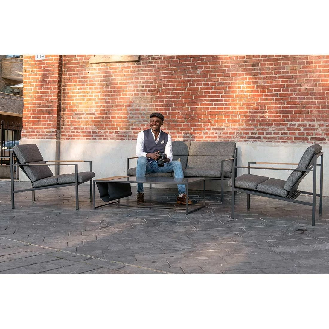 Trentino Loungeset 4-tlg. Edelstahl/Stoff Und Teak Armlehnen Grau Meliert 10 Trentino Loungeset 4-tlg. Edelstahl/Stoff Und Teak Armlehnen Grau Meliert – Bild 8