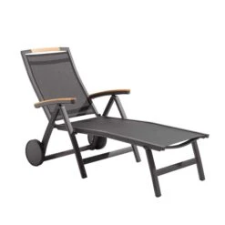 Sieger Catena Gartenliege Aluminium/Textilux Mit Teakarmlehnen Eisengrau/Grau/Teak